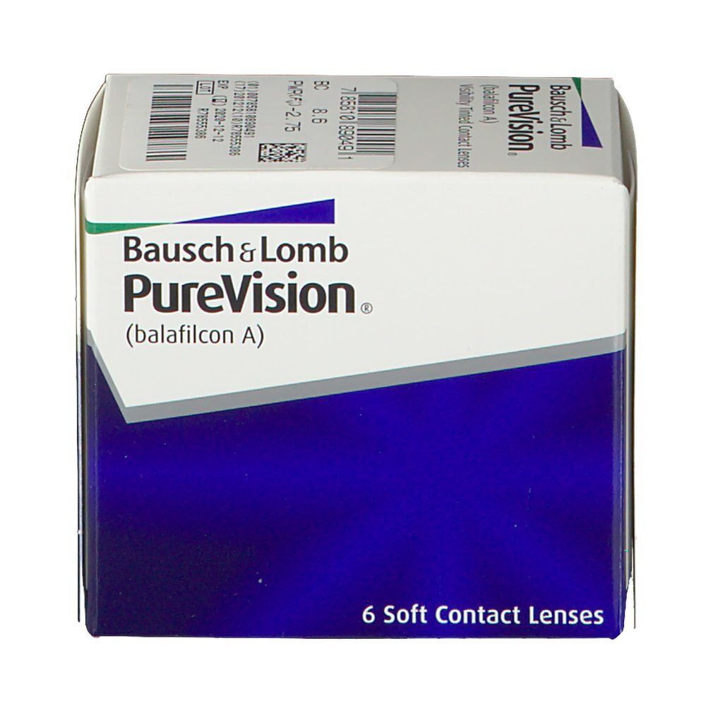 Verpackung von Bausch & Lomb PureVision Kontaktlinsen. Blaue und weiße Schachtel mit Produktnamen und sechs Linsen.