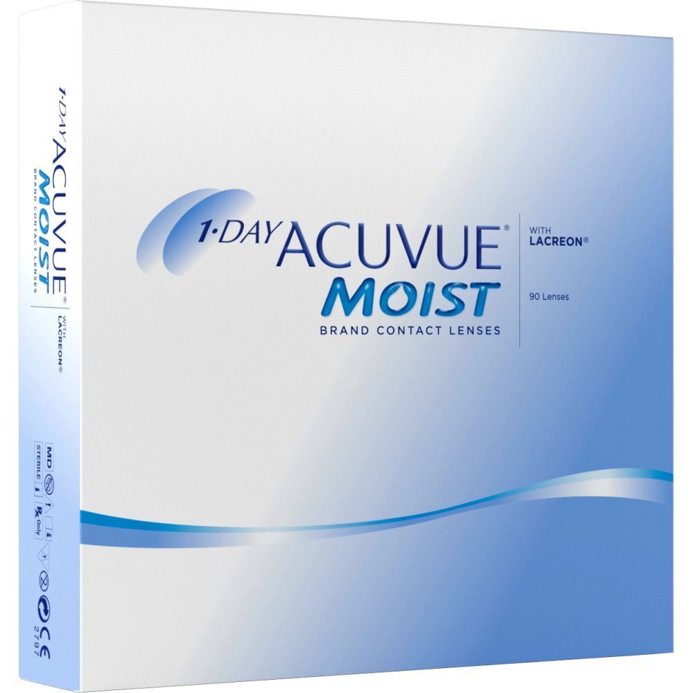 Acuvue Moist Kontaktlinsen-Verpackung. Aufschrift: 1-Day Acuvue Moist, mit Lacreon, 90 Linsen. Weiße Schachtel mit blauem Farbverlauf.