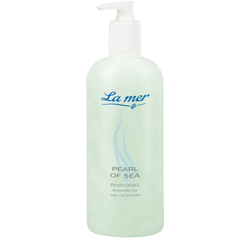 Hellgrüne Flasche mit weißem Pumpkopf. Aufschrift: La mer, Pearl of Sea, Duschgel, Shower Gel, Gel de Ducha.