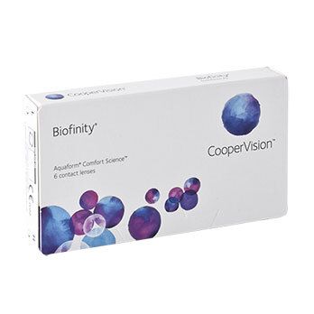 Weiße Verpackung mit "Biofinity" und "CooperVision" Schriftzug. Sechs Kontaktlinsen. Blaue und violette Kreise.