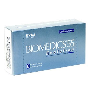 Blau-graue Schachtel mit "BIOMEDICS 55 Evolution"-Schriftzug. Enthält 6 Kontaktlinsen. UV-Schutz.