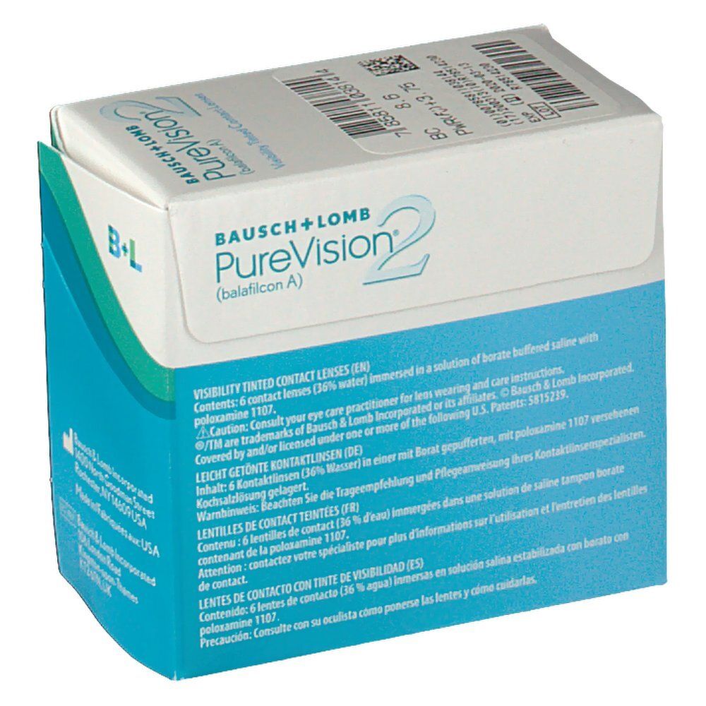 Schachtel mit Bausch+Lomb PureVision 2HD Kontaktlinsen. Rückseite mit Produktinformationen und Warnhinweisen.