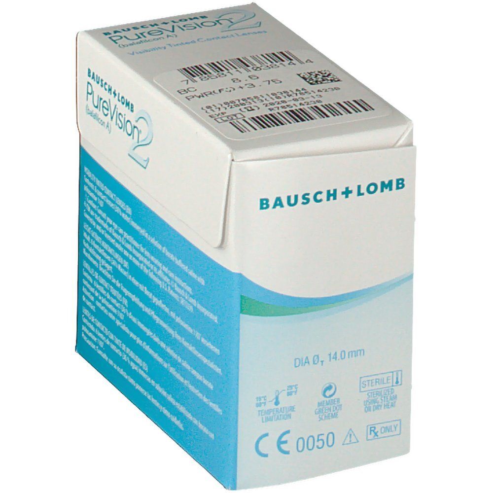 Schachtel mit Bausch+Lomb PureVision 2HD Kontaktlinsen. Enthält Informationen wie Durchmesser und CE-Kennzeichnung.