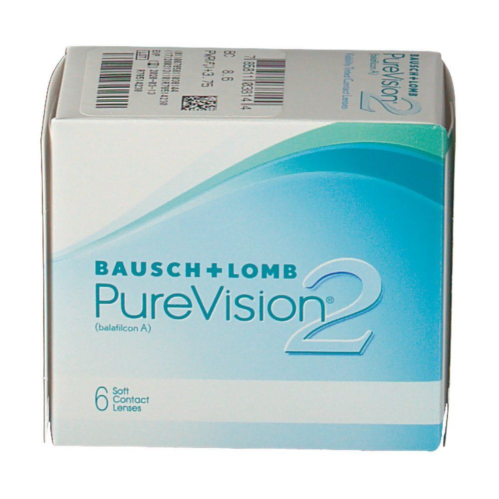Verpackung von Bausch+Lomb PureVision 2HD Kontaktlinsen. Sechs Linsen in einer Schachtel. Blaue und weiße Farbgebung.