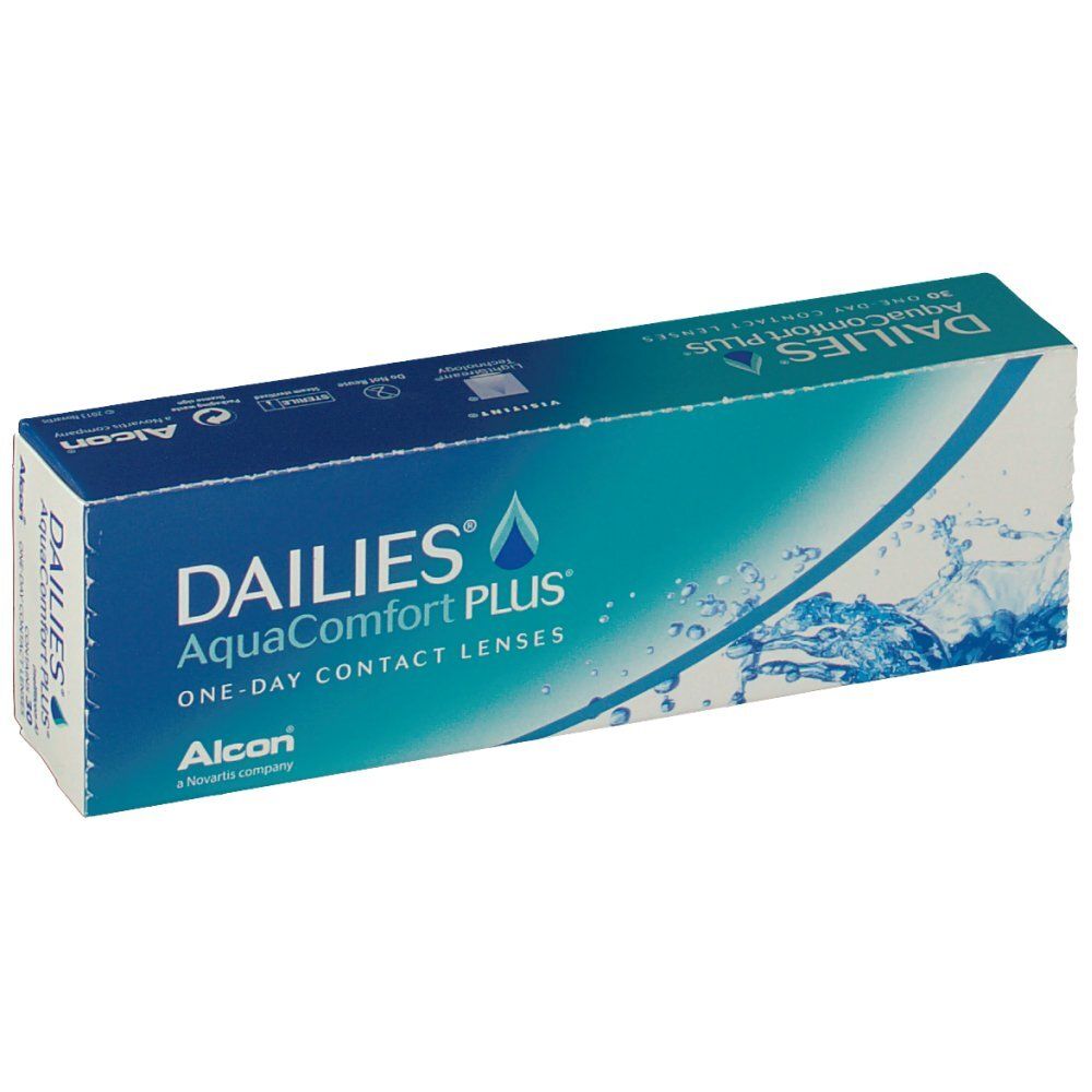 Schachtel mit Kontaktlinsen. Aufschrift: DAILIES AquaComfort PLUS. Alcon-Logo. Blaue und weiße Verpackung.