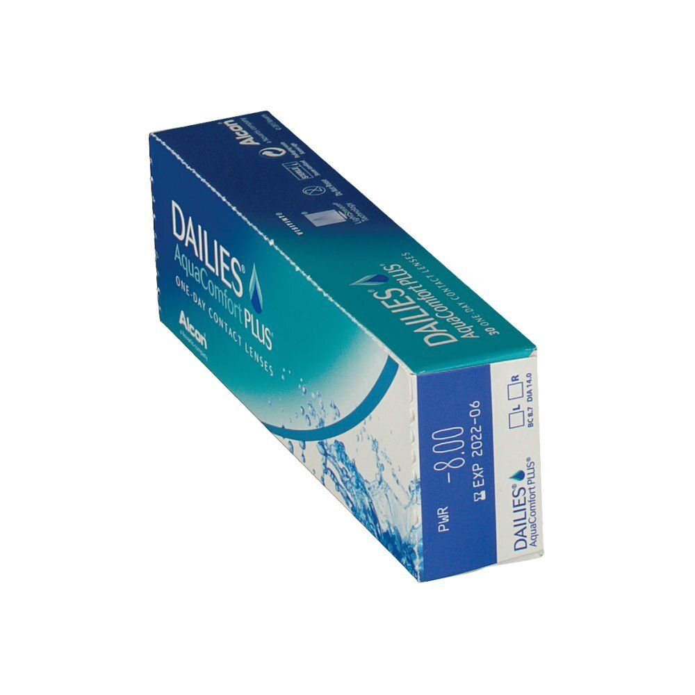 Schachtel mit Kontaktlinsen. Aufschrift: DAILIES AquaComfort PLUS. Alcon-Logo. Blaue Verpackung. -8.00 DPT.
