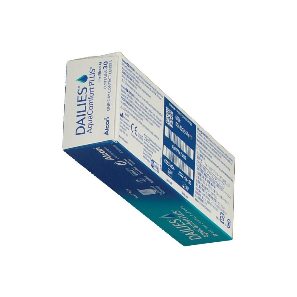 Schachtel mit Kontaktlinsen. Aufschrift: DAILIES AquaComfort PLUS. Alcon-Logo. Blaue Verpackung. Enthält 30 Stück.