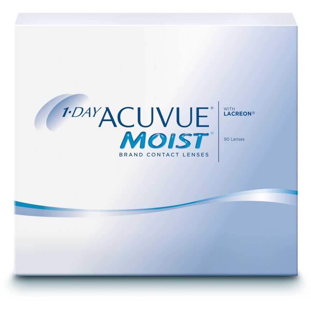 Acuvue Moist Kontaktlinsen-Box. Aufschrift: 1-Day Acuvue Moist, mit Lacreon, 90 Linsen. Weiße Verpackung mit blauem Design.