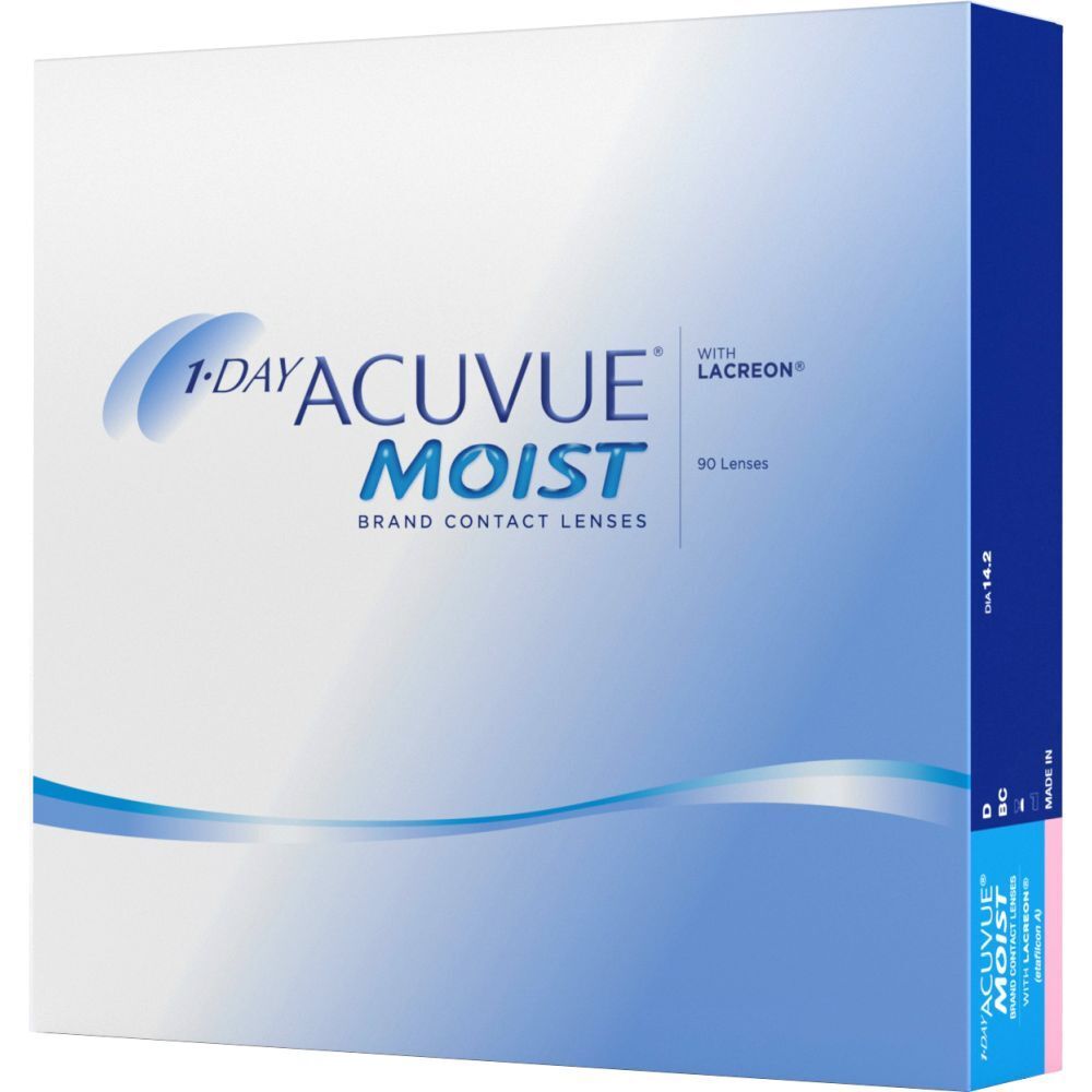 Weißer Karton mit blauer Grafik. Aufschrift: 1-DAY ACUVUE MOIST, mit Lacreon, 90 Linsen. Kontaktlinsen.