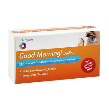 Verpackung mit Kontaktlinsen. Aufschrift: Good Morning! Dailies. Mit UV-Schutz. 32 weiche Kontaktlinsen.