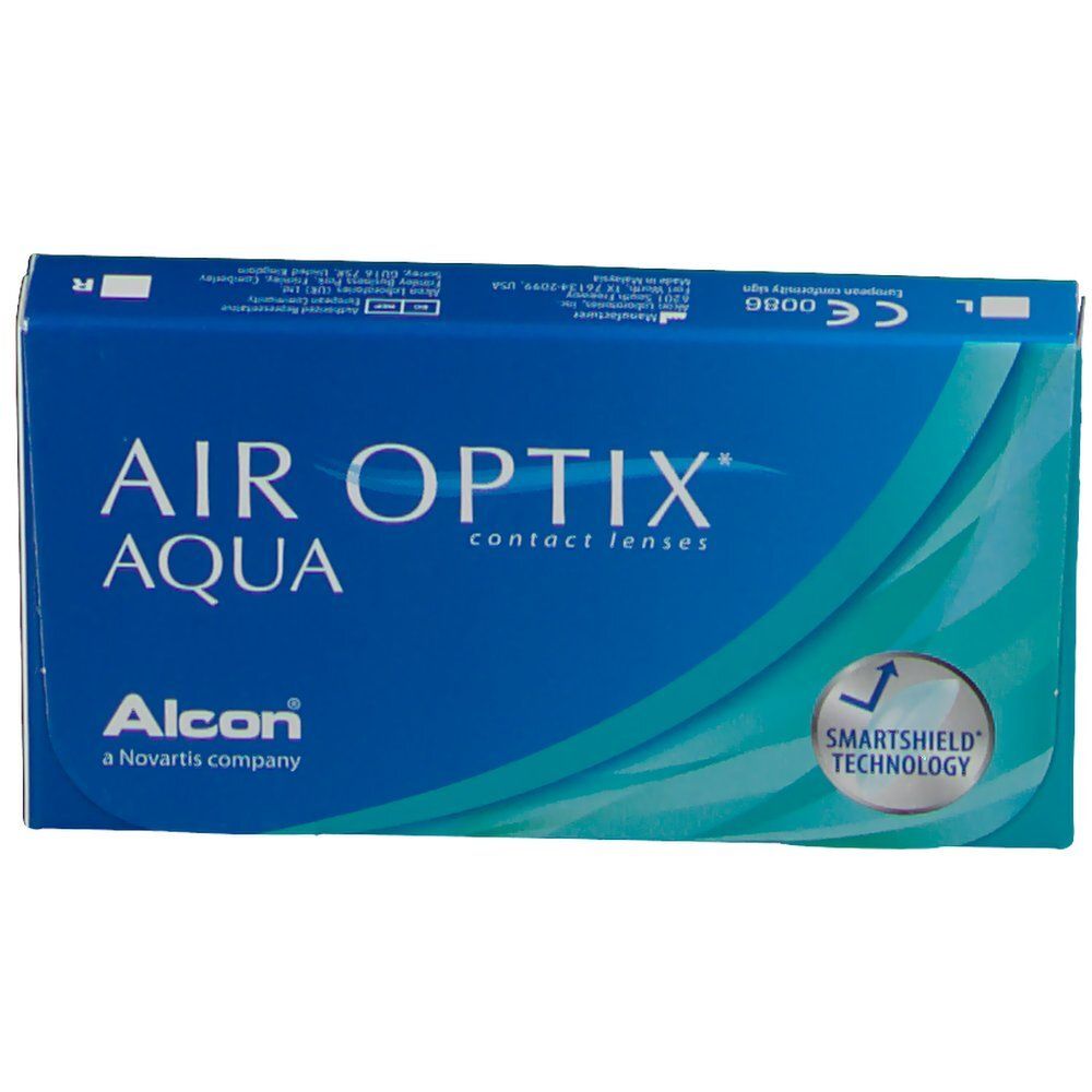 Blaue Verpackung mit AIR OPTIX AQUA Kontaktlinsen. Alcon-Logo und SmartShield-Technologie-Hinweis.