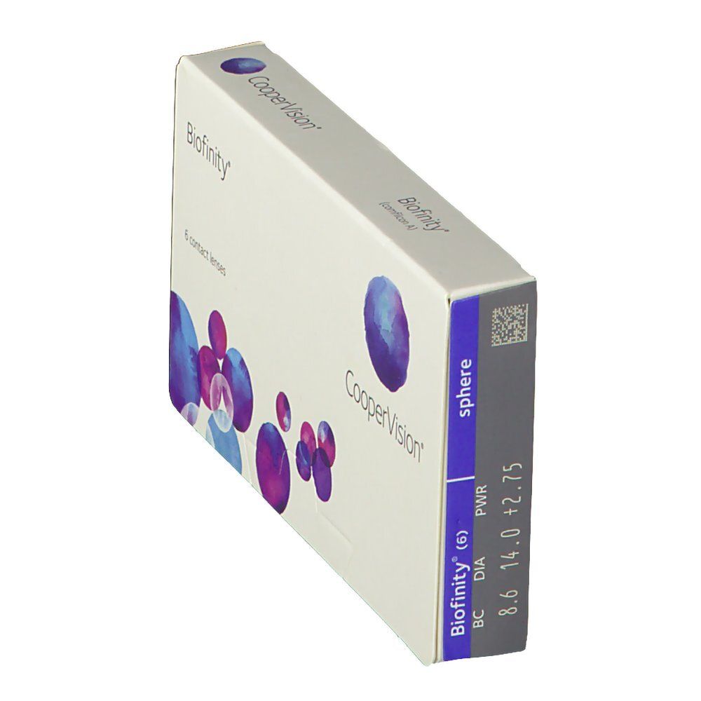 Schrägansicht der Biofinity Kontaktlinsenverpackung. Weißer Karton mit blauen Akzenten. Aufschrift: CooperVision, Biofinity, 8.6 14.0 +2.75.