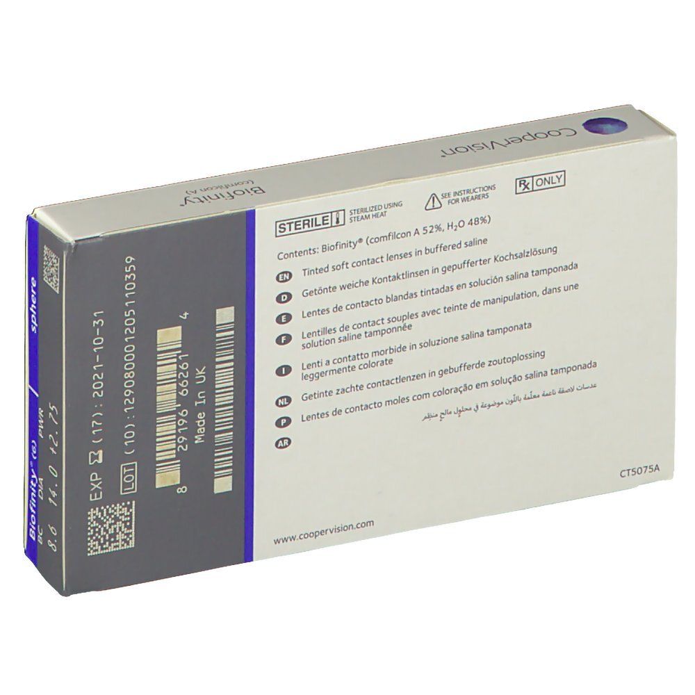 Rückseite der Biofinity Kontaktlinsenverpackung. Weißer Karton mit Text in mehreren Sprachen. Aufschrift: Biofinity, CooperVision, sterile.