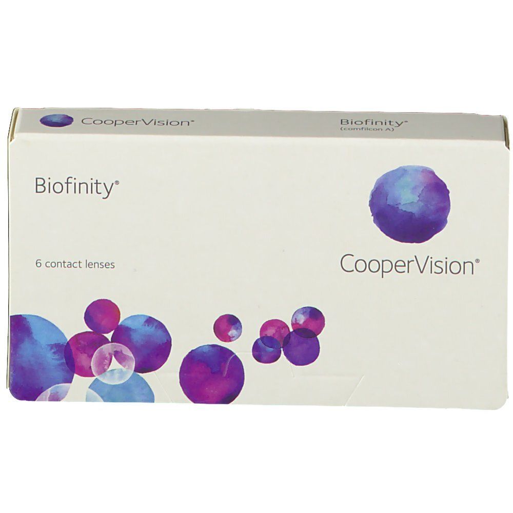 Biofinity Kontaktlinsenverpackung. Weißer Karton mit blauen und violetten Kreisen. Aufschrift: CooperVision, Biofinity, 6 Kontaktlinsen.