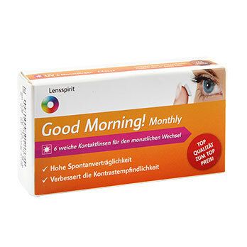 Verpackung mit Kontaktlinsen. Aufschrift: Good Morning! Monthly, 6 weiche Kontaktlinsen. Logo und Text in Deutsch.