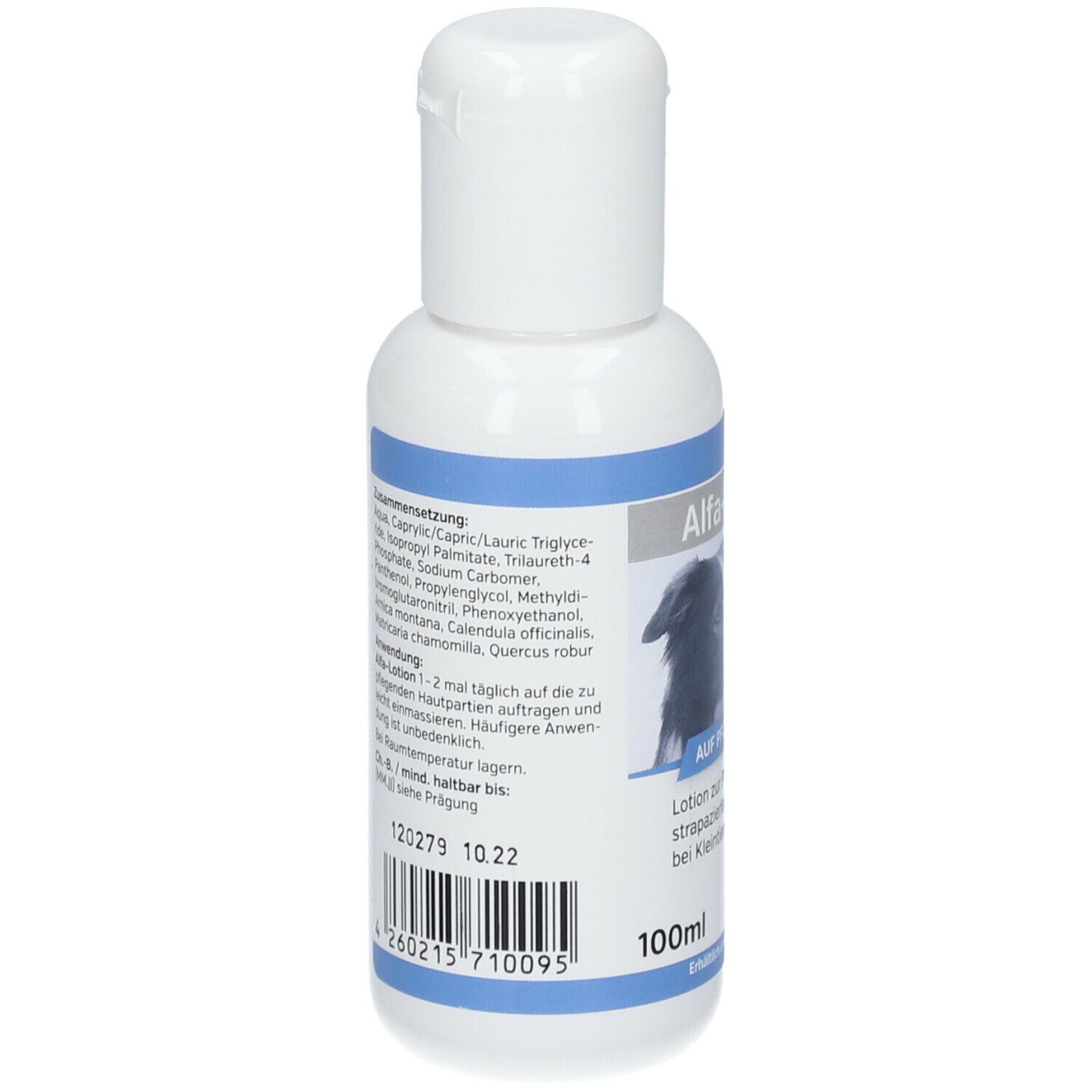Weiße Flasche mit blauer Beschriftung. Aufschrift Alfa-Lotion. Rückseite mit Inhaltsstoffen und Anwendungshinweisen. 100ml.