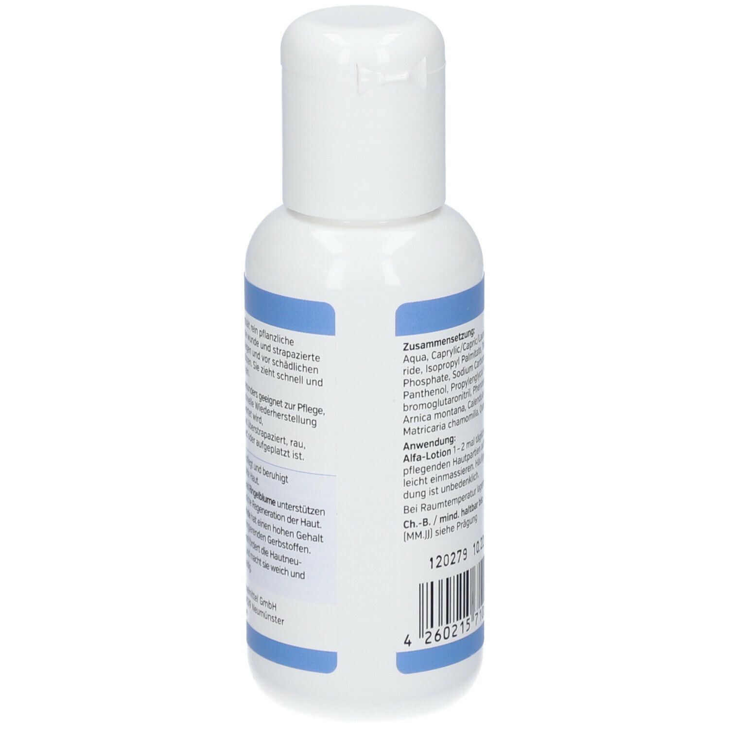 Weiße Flasche mit blauer Beschriftung. Rückseite mit Inhaltsstoffen und Anwendungshinweisen. 100ml. Mit Chargennummer.