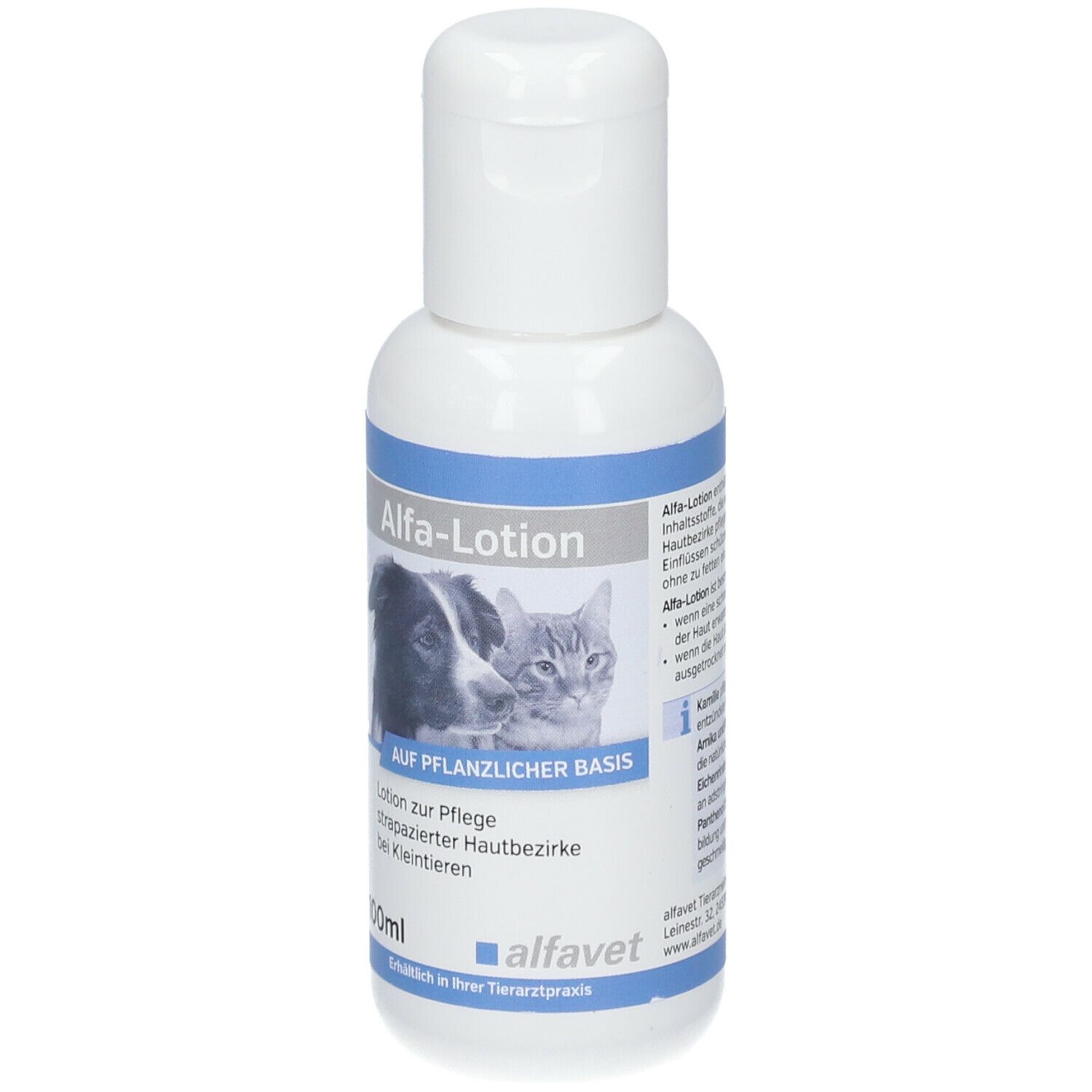 Weiße Flasche mit blauem Streifen und Aufschrift Alfa-Lotion. Abbildung von Hund und Katze. 100ml.