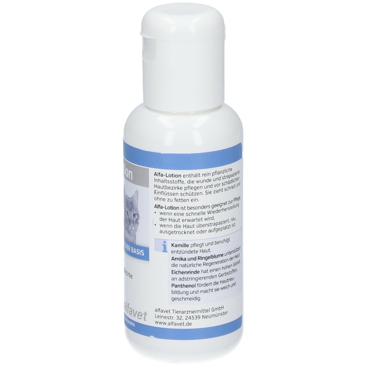 Weiße Flasche mit blauer Beschriftung. Aufschrift Alfa-Lotion. Rückseite mit Produktinformationen. 100ml.