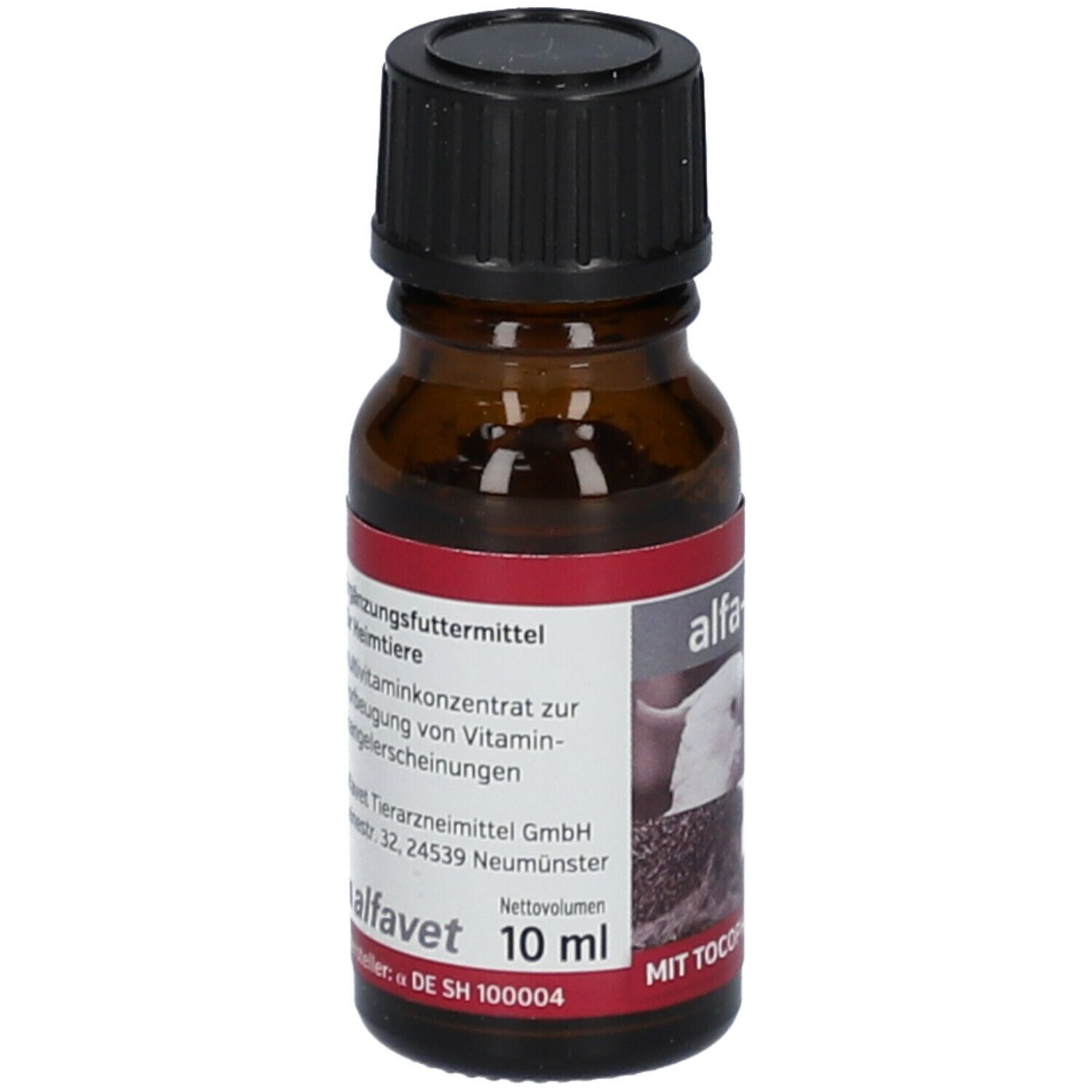 Braune Glasflasche mit schwarzem Deckel. Etikett: alfa-Vitam, Bilder von Tieren, 10 ml, alfavet.