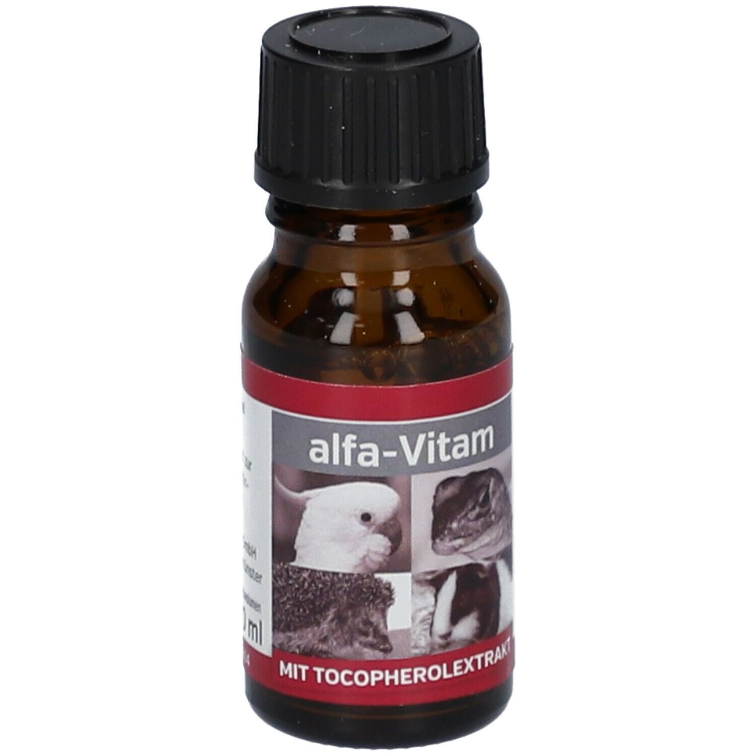 Braune Glasflasche mit schwarzem Deckel. Etikett: alfa-Vitam, Bilder von Tieren, MIT TOCOPHEROLEXTRAKT, 10 ml.