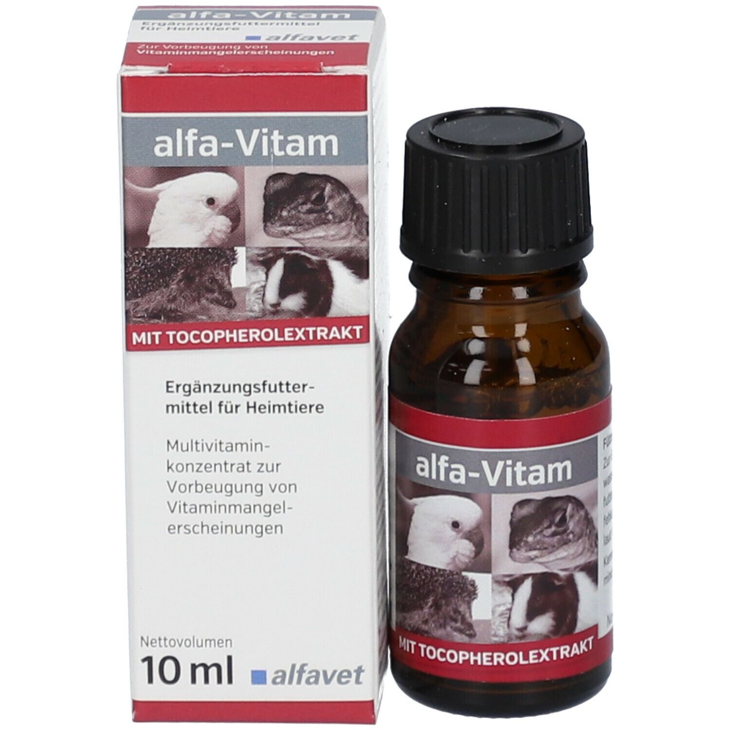 Braune Glasflasche und Karton. Auf der Flasche: alfa-Vitam, Bilder von Tieren, MIT TOCOPHEROLEXTRAKT. Auf dem Karton: alfa-Vitam, 10 ml.