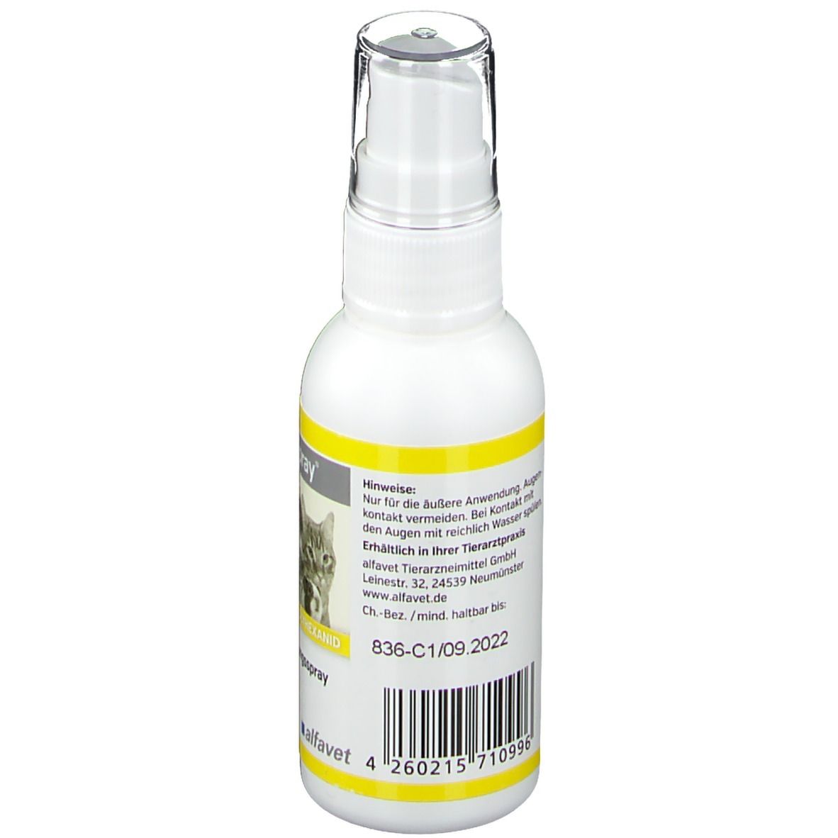 Rückseite der weißen Sprühflasche. Gelber Streifen mit Text. Barcode und Informationen zur Herstellung und Haltbarkeit.