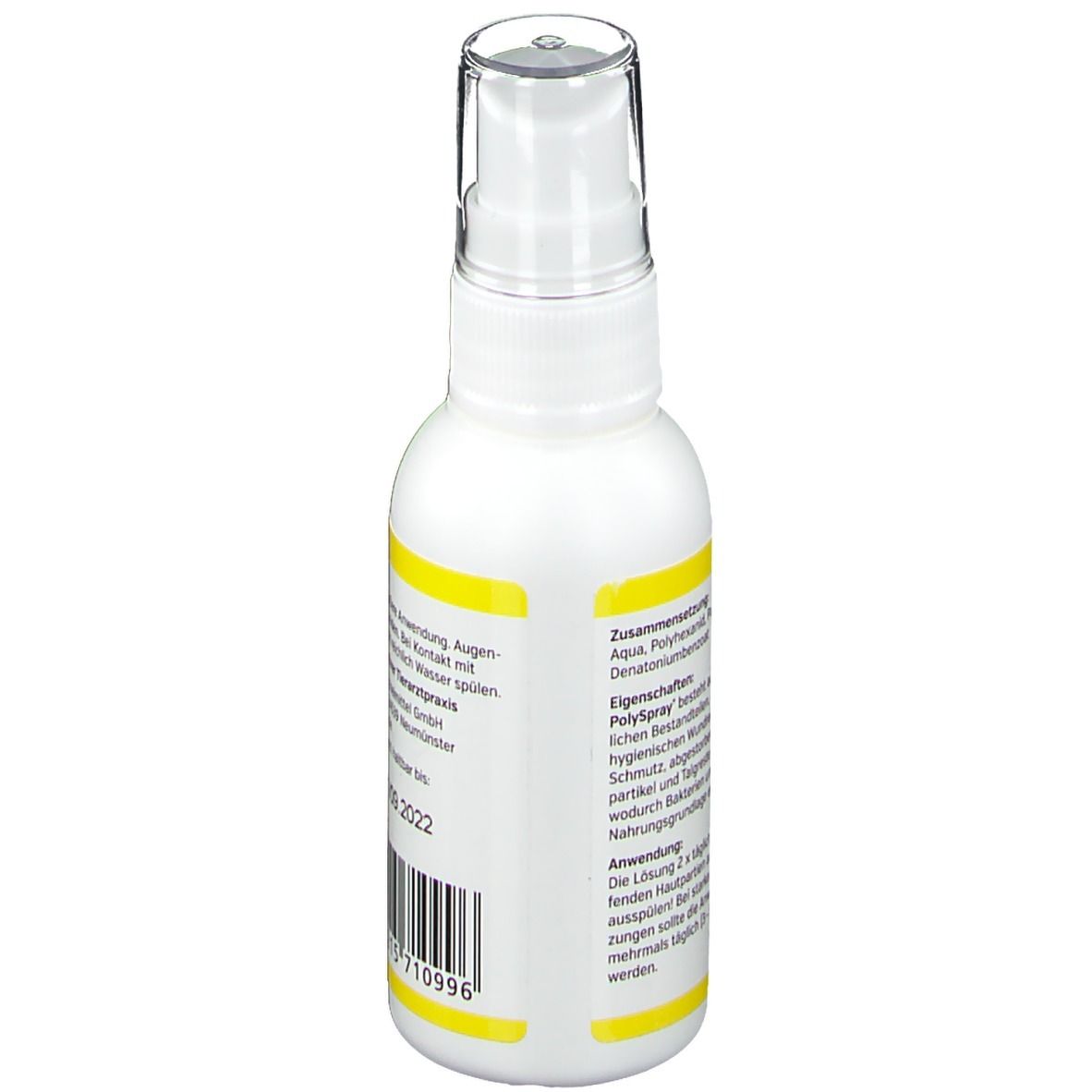 Rückseite der weißen Sprühflasche. Gelber Streifen mit Text. Auflistung der Inhaltsstoffe und Anwendungshinweise.