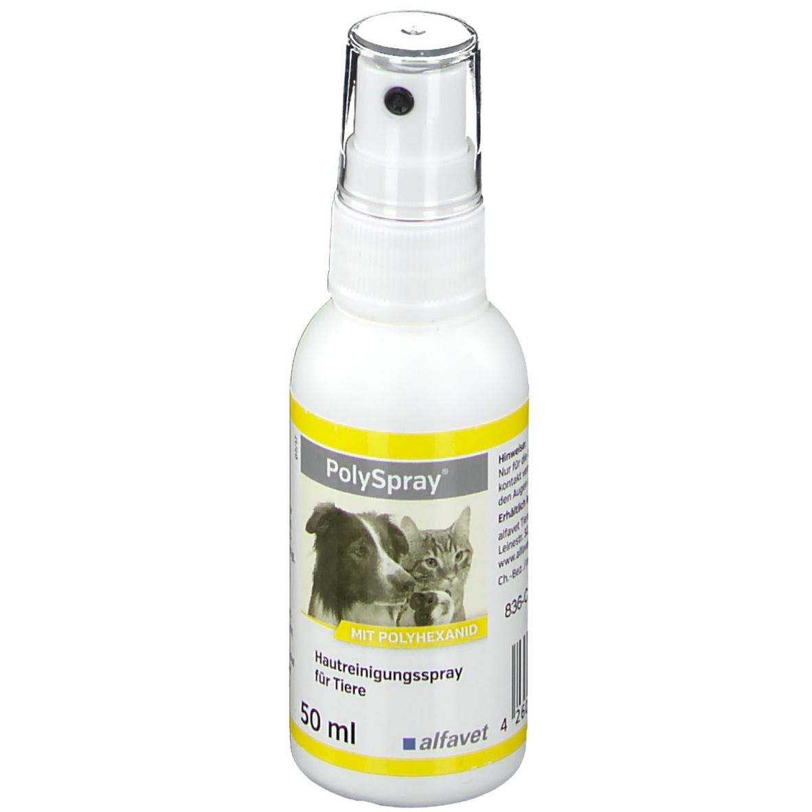 Weiße Sprühflasche mit gelben Akzenten. Aufschrift: Polyspray, Hautreinigungsspray für Tiere. Abbildung von Hund und Katze.