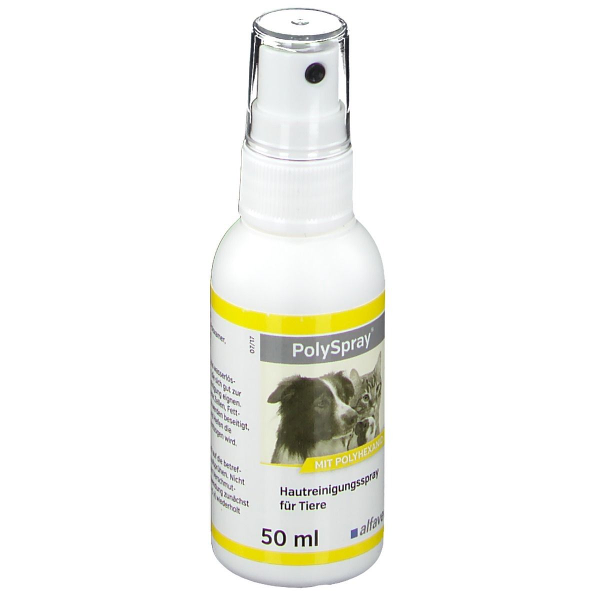 Weiße Sprühflasche mit gelben Akzenten. Aufschrift: Polyspray, Hautreinigungsspray für Tiere. Abbildung von Hund und Katze.