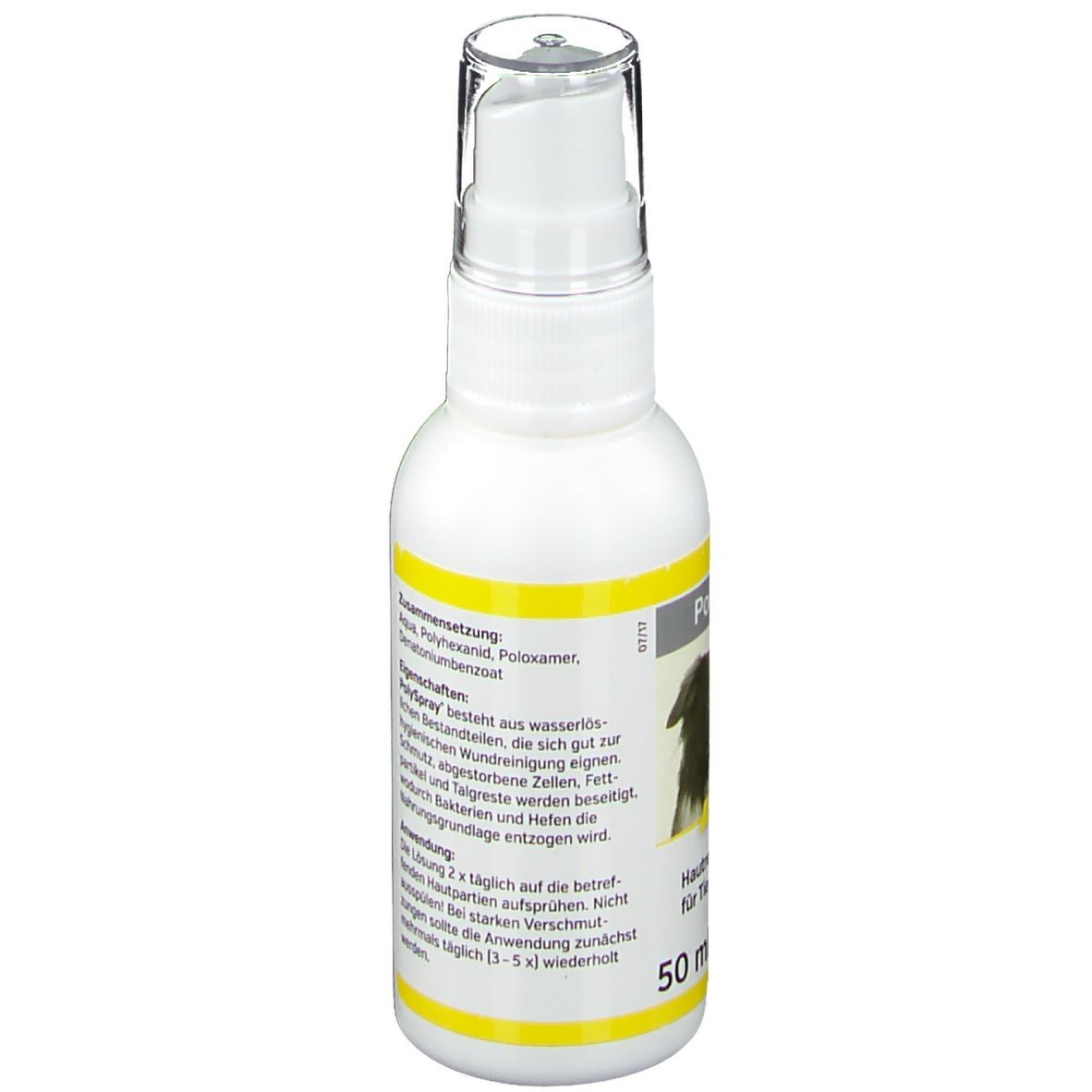 Rückseite der weißen Sprühflasche. Gelber Streifen mit Text. Auflistung der Inhaltsstoffe und Anwendungshinweise.