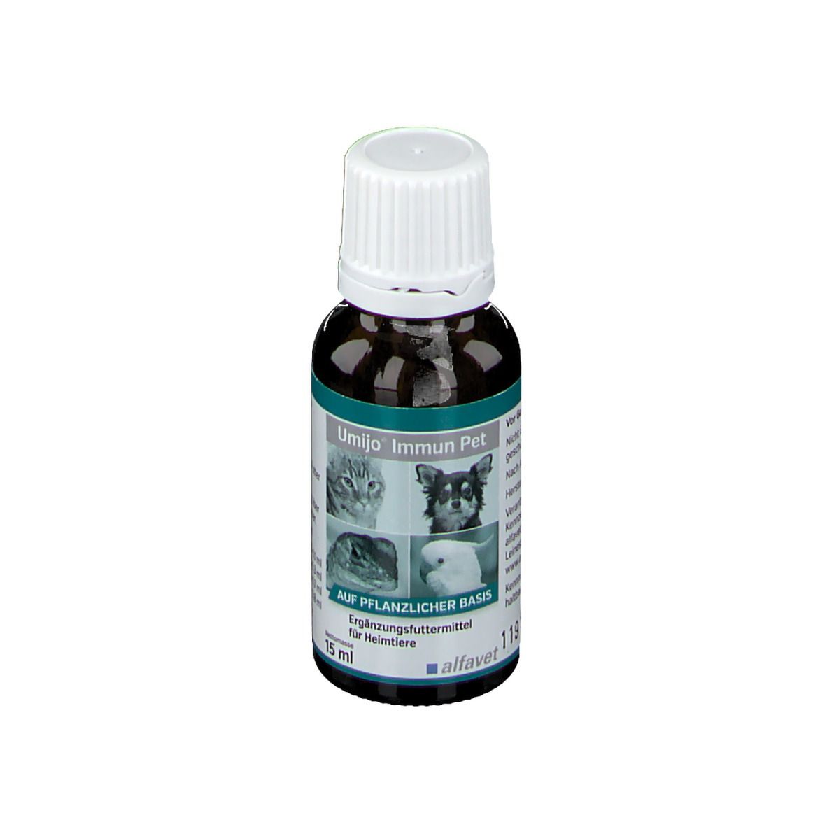 Braune Flasche mit weißem Deckel. Aufschrift: Umijo Immun Pet, Ergänzungsfuttermittel für Heimtiere. 15 ml.