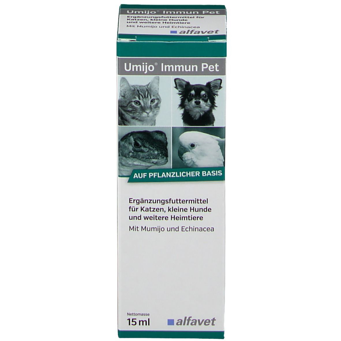 Produktverpackung. Aufschrift: Umijo Immun Pet, Ergänzungsfuttermittel für Katzen, kleine Hunde und weitere Heimtiere. 15 ml.