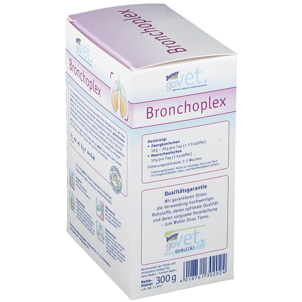 goVet Bronchoplex-Verpackung. Weißer Karton mit Produktnamen und Inhaltsstoffen. Dosierung und Qualitätsgarantie.