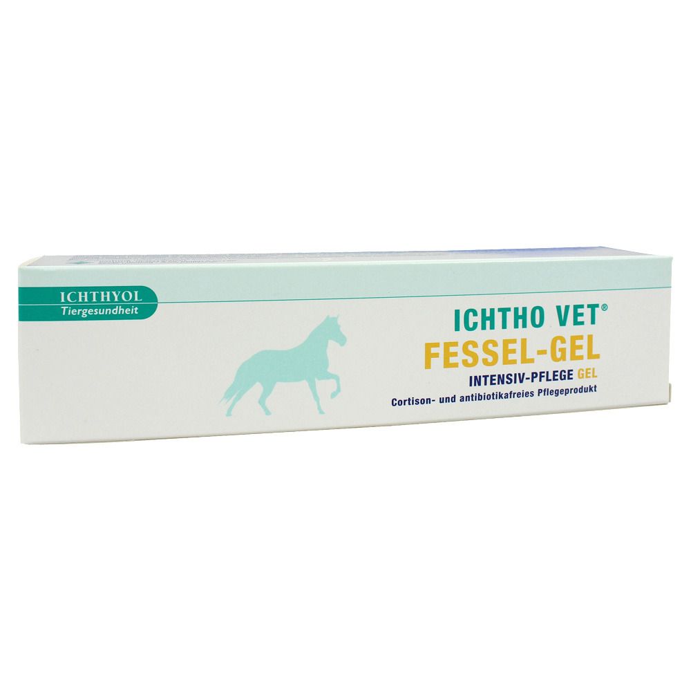Verpackung mit Produktnamen und Pferde-Silhouette. Text: ICHTHO VET® FESSEL-GEL Intensiv-Pflege. Grün-weiße Farbgebung.