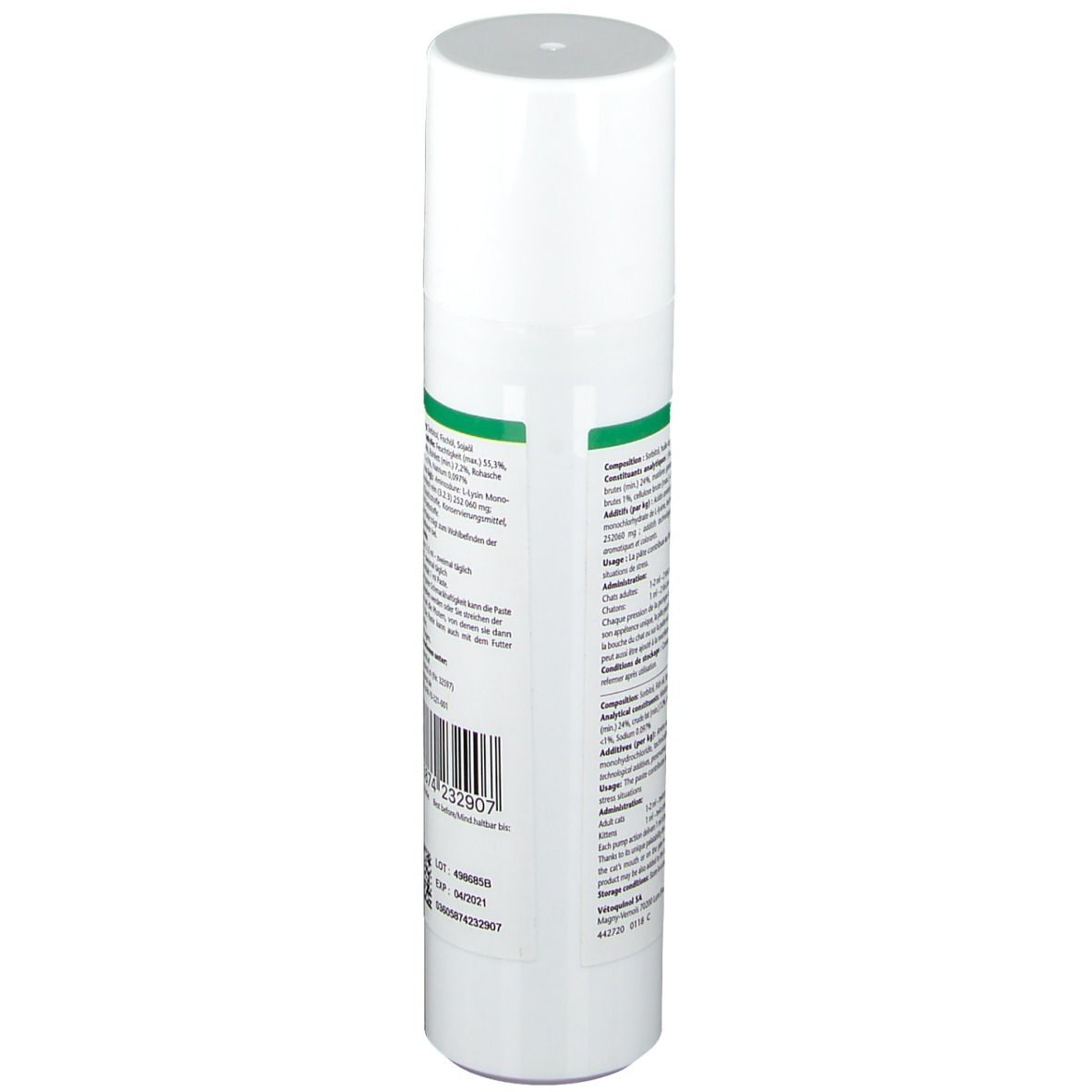 Rückansicht der weißen Flasche. Text mit Inhaltsstoffen und Herstellerinformationen.