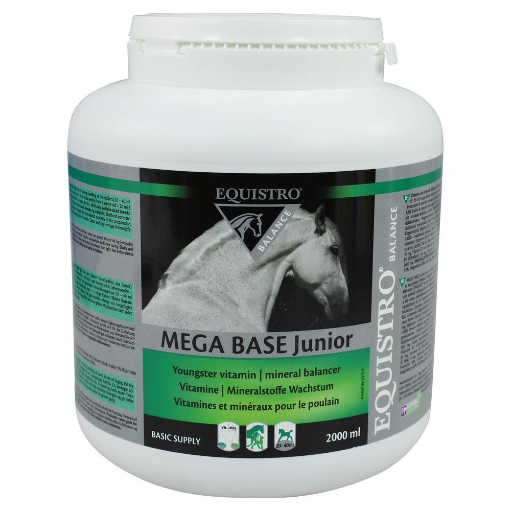 Weißer Behälter mit Etikett. EQUISTRO MEGA BASE Junior, Logo mit Pferd. Text: Youngster vitamin, Mineralstoffe Wachstum.