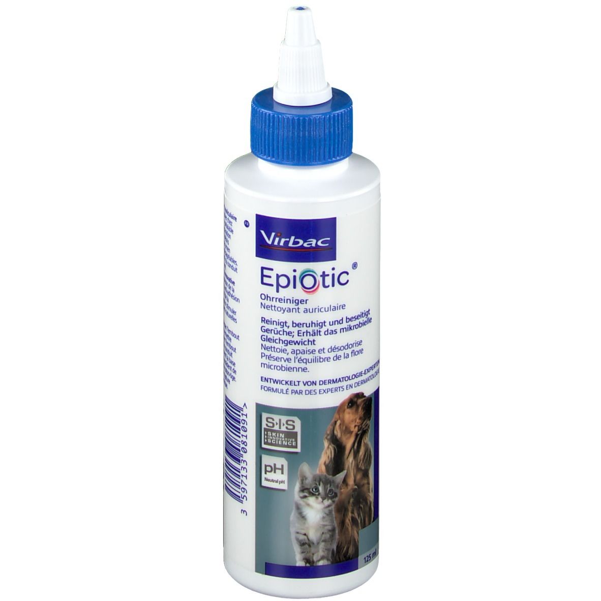 Weiße Flasche mit blauem Verschluss. Aufschrift Epi-Otic® und Virbac. Abbildung von Hund und Katze.