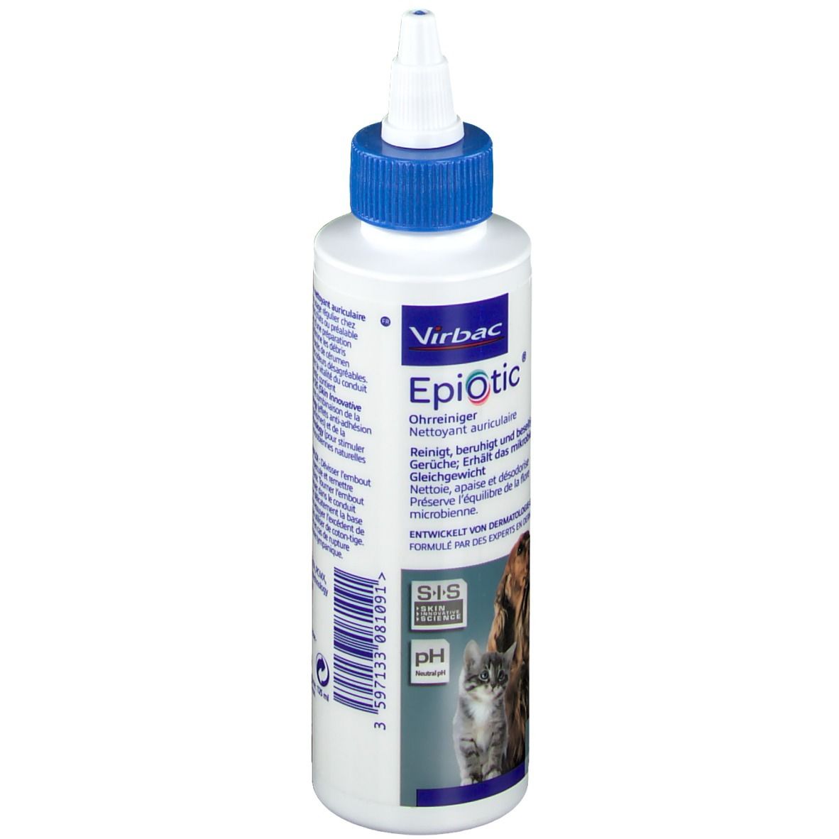 Weiße Flasche mit blauem Verschluss. Aufschrift Epi-Otic® und Virbac. Barcode und Text.