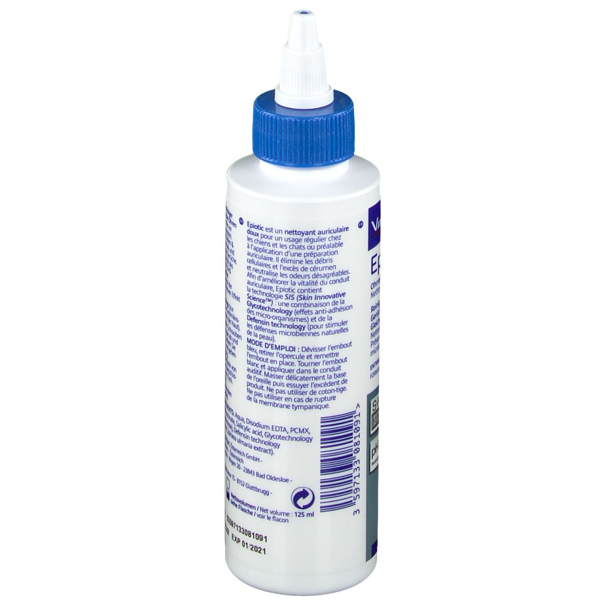 Weiße Flasche mit blauem Verschluss. Rückseite mit Text. Enthält Informationen und Inhaltsstoffe.