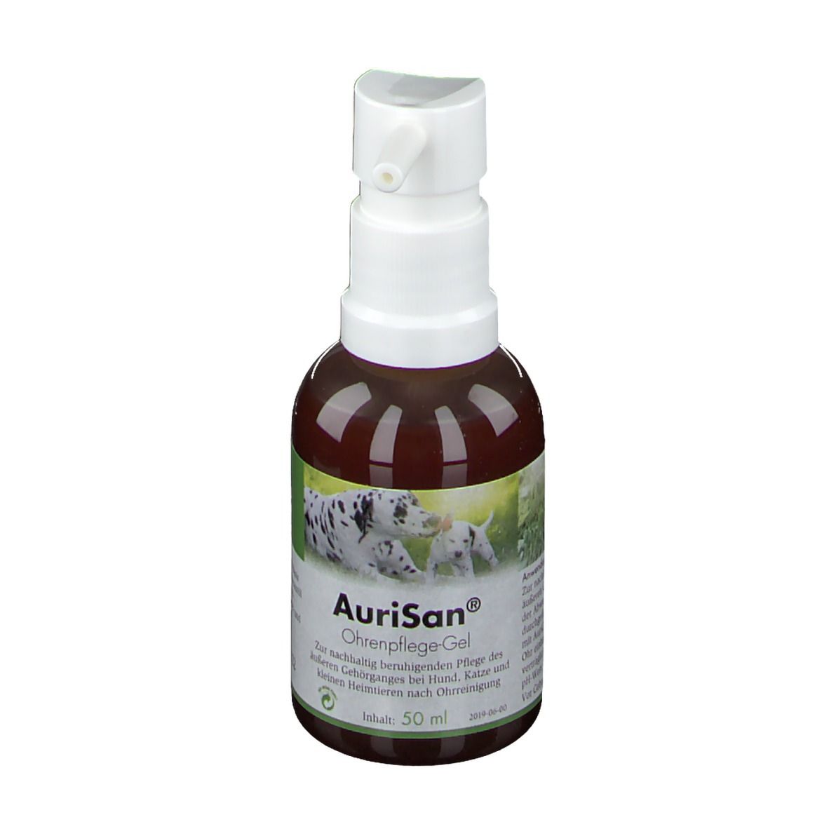 Aurisan Ohrenpflege-Gel in brauner Flasche mit weißem Pumpspender. 50 ml Inhalt.
