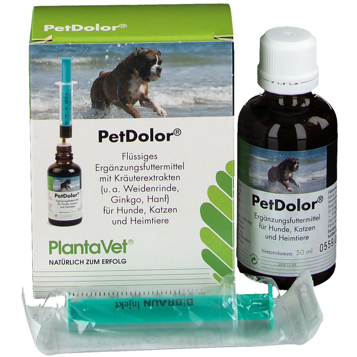 PetDolor-Flasche und Zubehör. Braune Flasche mit Produktetikett, Spritze und Dosierhilfe. PlantaVet-Logo.