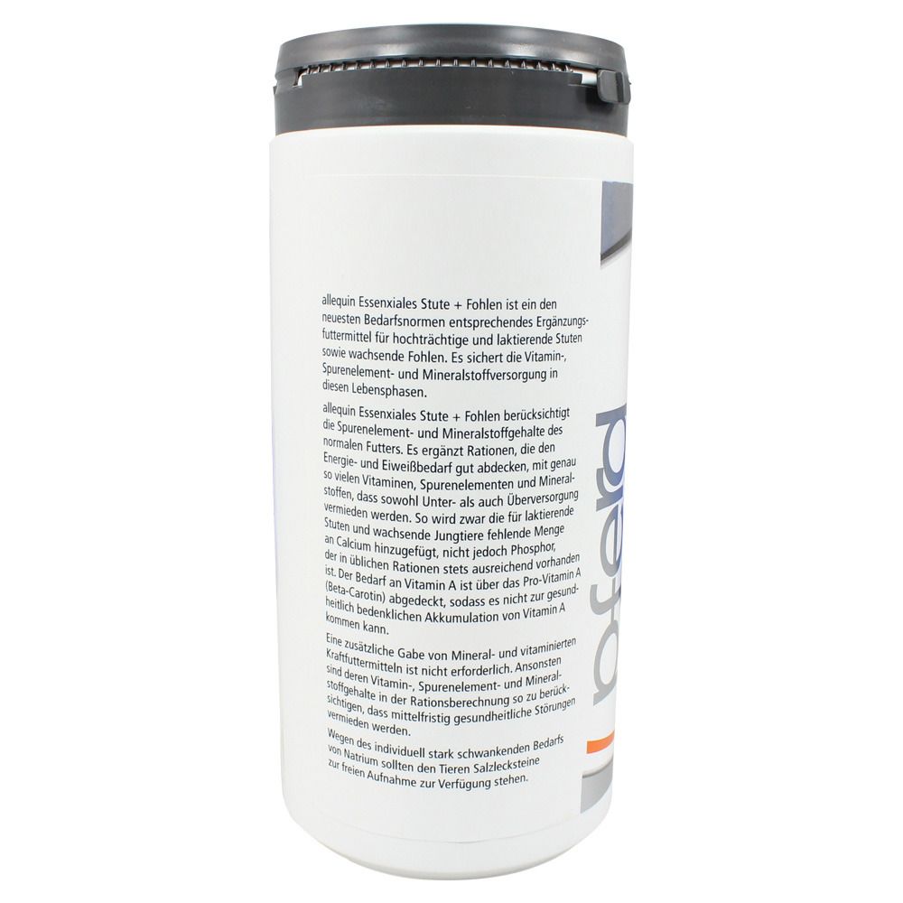 Weiße Dose mit schwarzem Deckel. Text auf der Rückseite: allequin® Essenxiales Stute + Fohlen.