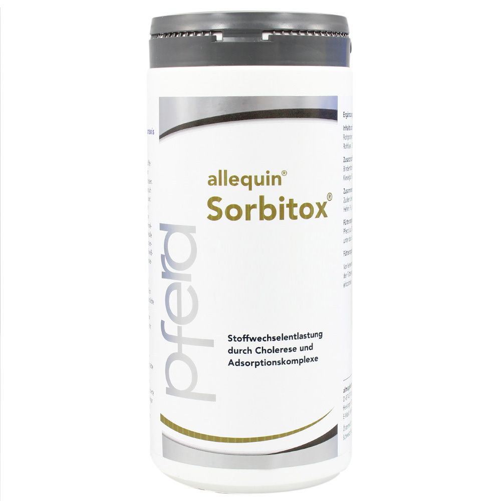 Weißes Produkt mit grauem Deckel. Aufschrift: allequin® Sorbitox®. Text: Stoffwechselentlastung durch Cholorese und Adsorptionskomplexe.