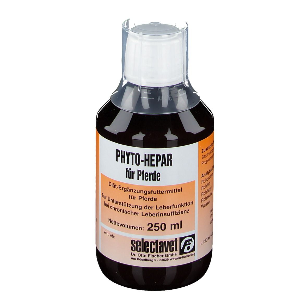Flasche mit brauner Flüssigkeit. Aufkleber mit Text: PHYTO-HEPAR für Pferde, 250 ml, selectavet. Weißer Verschluss.