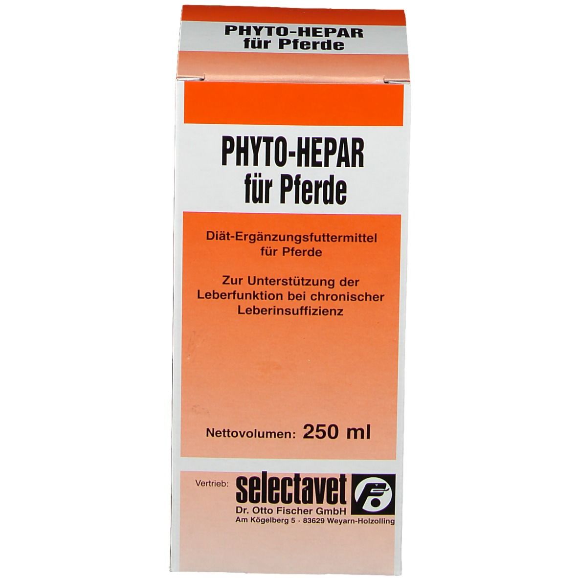 Schachtel mit Text: PHYTO-HEPAR für Pferde, 250 ml, selectavet. Orange-weiße Farbgebung.