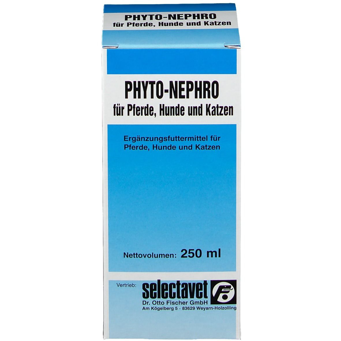 Verpackung mit Produktnamen und Logo. Beschriftung: PHYTO-NEPHRO für Pferde, Hunde und Katzen. 250 ml.