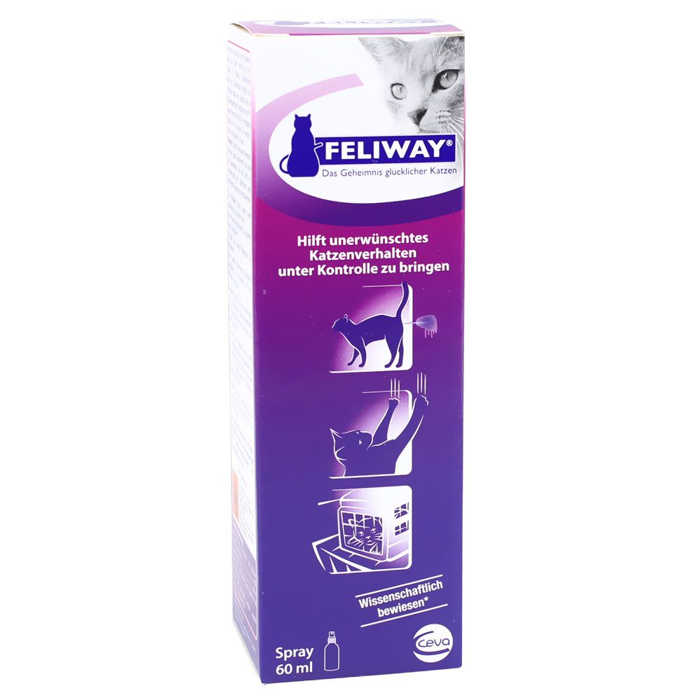 Feliway Spray-Verpackung. Lila-weißes Design mit Katzen-Silhouette. Text: "Hilft unerwünschtes Katzenverhalten unter Kontrolle zu bringen".