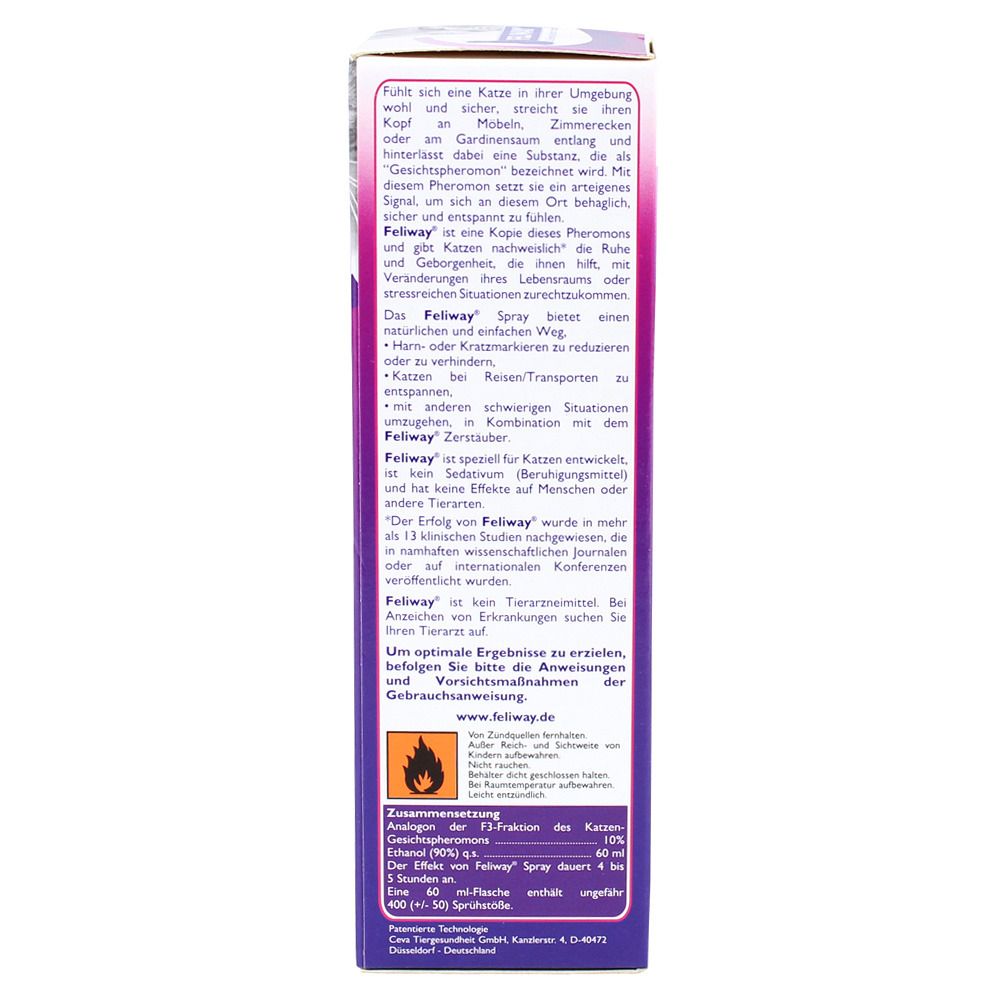 Rückseite der Feliway Spray-Verpackung. Text in deutscher Sprache. Enthält Informationen zum Produkt und zur Anwendung.
