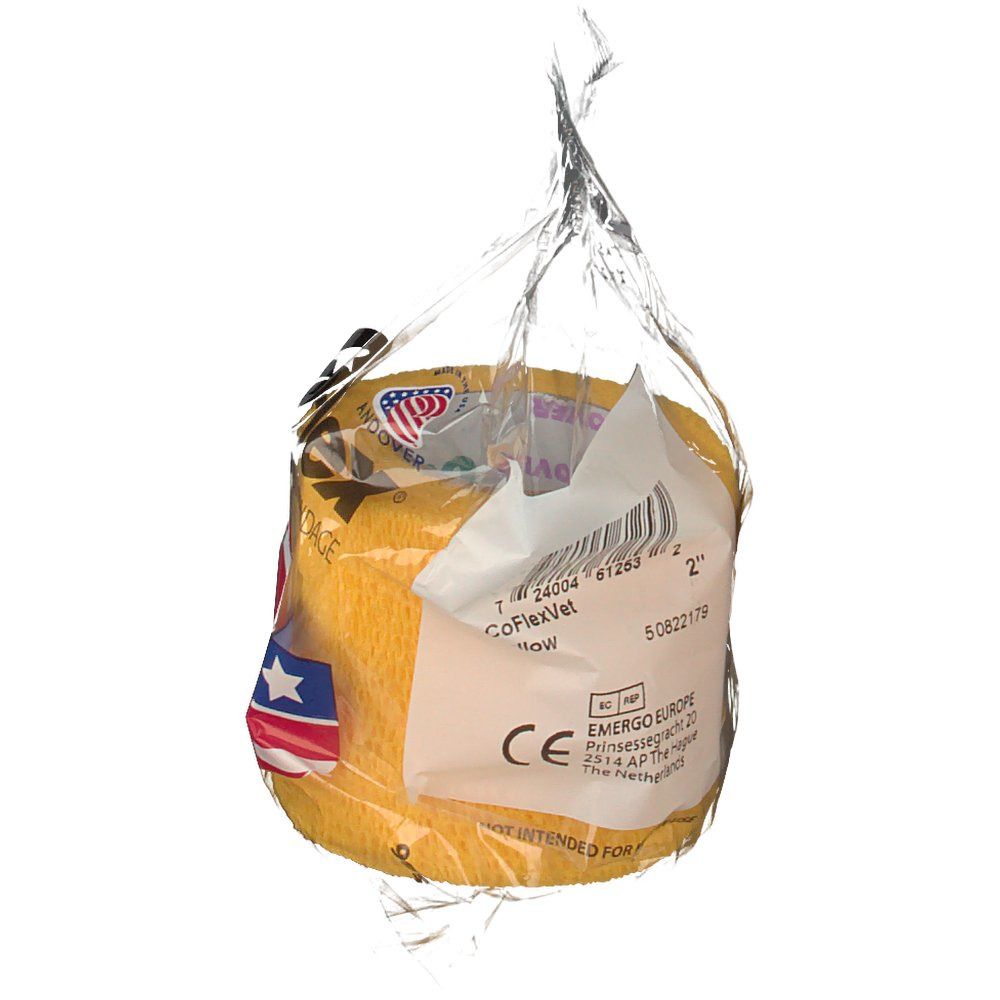 Gelbe Bandage in transparenter Verpackung. Aufdruck: CoFlex, amerikanische Flagge. CE-Kennzeichnung. Weitere Informationen.
